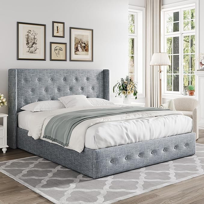 Allewie Full Size Lift Up Storage Bed, Button Tufted Headboard with Wingback, Hydraulic Support, No Box Spring Needed, Grey Blue