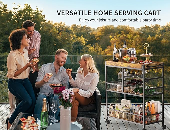 Gizoon Bar Cart, 3 Tier Coffee Cart with Lockable Wheels, 12-Bottle Wine Rack, and Hanging Glass Holder, Kitchen Rack with Removable Tray, for Kitchen, Dining Room, Entertaining, Club Party,Retro