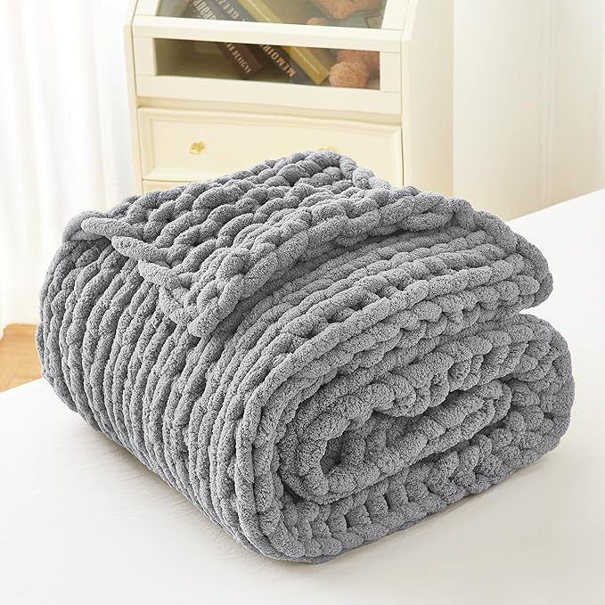 Admitrack Chunky Knit Blanket Throw, 100% Hand Knit Chenille Throw Blanket for Sofa & Home Decor, Soft and Cozy Knitted Throw Blankets (Dark Gray，51""x63""), XNR08