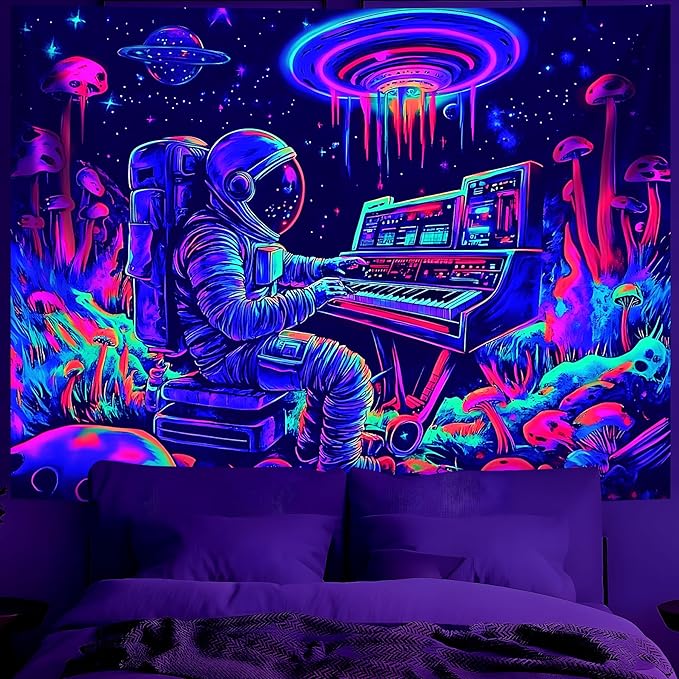 BVBOX Astronaut Space Blacklight Tapestry 79"x59", UV Reactive Astronaut Electronic Piano Universe Galaxy Planet Glow in Dark Music Tapestries, Black Light Neon Upright Poster Wall Hanging Backdrop Decor for Bedroom Living Room