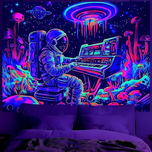 BVBOX Astronaut Space Blacklight Tapestry 79"x59", UV Reactive Astronaut Electronic Piano Universe Galaxy Planet Glow in Dark Music Tapestries, Black Light Neon Upright Poster Wall Hanging Backdrop Decor for Bedroom Living Room