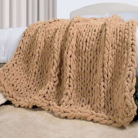 Carriediosa Chunky Knit Throw Blanket 50" X 60", 100% Hand Made Large Chenille Loop Yarn Soft Fluffy Throws for Couch Sofa Bed, Big Crochet Cozy Heavy Thick Cable Woven Blankets, Tan Brown