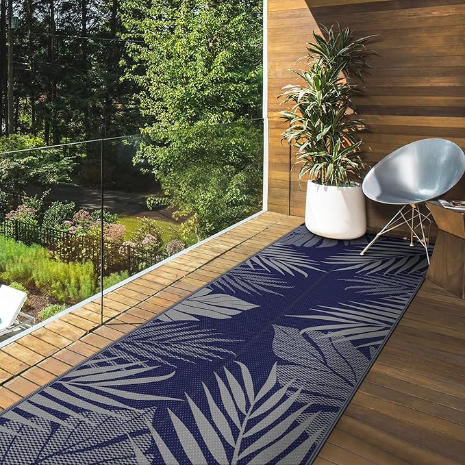 GENIMO Outdoor Rug 2.5' x 8' Waterproof for Patios Clearance, Reversible Outdoor Plastic Straw Camping Rug Carpet, Large Area Rugs Mats for RV, Camper, Deck, Balcony, Porch, Beach, Picnic, Blue&Grey