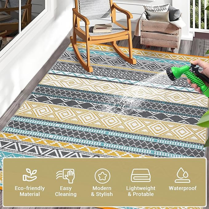 GAOMON Outdoor Plastic Straw Rug, 10'x14' Reversible Sage Green Patio Mat, Flower Modern Design for RV, Backyard, Deck, Camping, Picnic, Teal/Yellow(Bohemia)