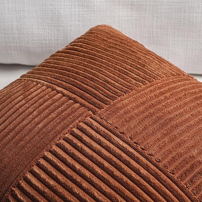 Fancy Homi 2 Packs Rust Euro Decorative Throw Pillow Covers 26x26 Inch for Bedroom Bed, Farmhouse Boho Home Decor, Soft Corss Corduroy Patchwork Textured Square Terracotta Cushion Case 66x66 cm