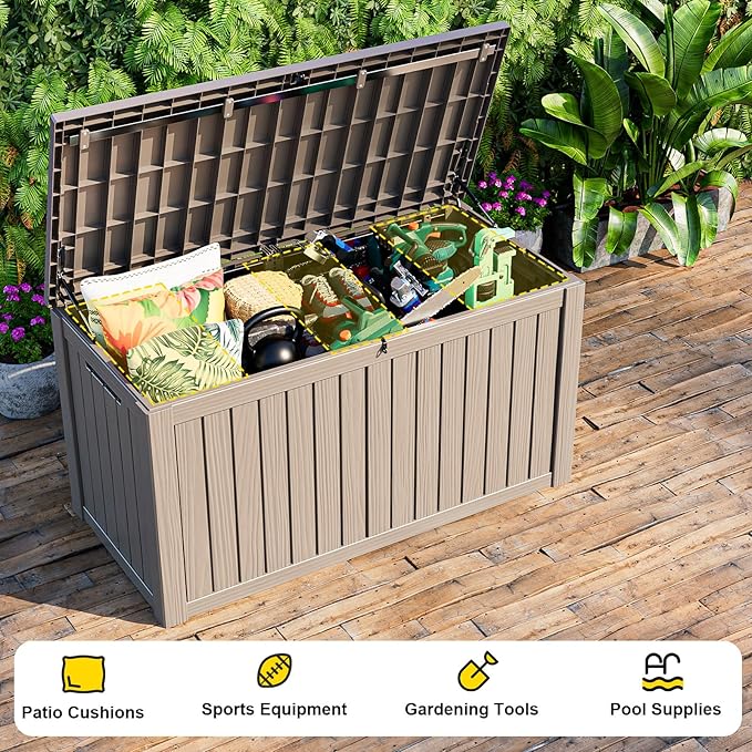 150 Gallon Deck Box Large Outdoor Storage for Patio Furniture,Outdoor Cushions,Garden Tools and Pool Supplies,Waterproof,Resin,Lockable(Grey)