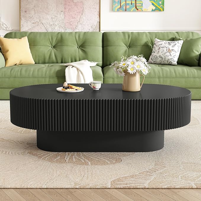 43.3" Oval Fluted Coffee Table Modern Elegant Drum End Table, Minimalist Center Table 7.8" Thick Tabletop with Sturdy Base for Living Room, Bedroom, Apartment,Easy Assembly, Black