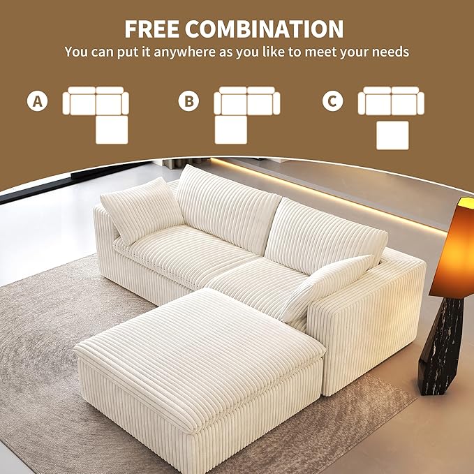 78.74" L Shaped Modern Sofa Modular Sectional Cloud Couch with Ottoman,Upholstered Couches with Plush Corduroy Fabric for Living Room Furniture,Bedroom and Apartment,No Assembly Required,White