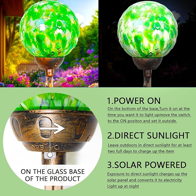 Garden Solar Lights, Decorative LED Honeycomb Glass Ball Garden Stake, Glass and Metal Outdoor Decoration, 4 x 31 Inch (Green)