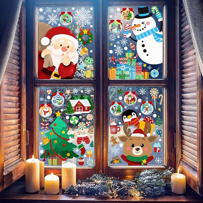 Christmas Window Clings - Christmas Large Window Stickers for Glass Window, Reusable Static Vinyl Double-Sided Winter Decals, Cute Snowflake Snowman Holiday Xmas Decorations, 197 PCS/9 Sheet