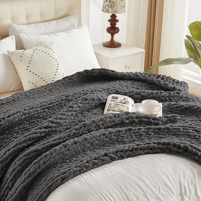 Carriediosa Chunky Knit Throw Blanket 50" X 60", 100% Hand Made Large Chenille Loop Yarn Soft Fluffy Throws for Couch Sofa Bed, Big Crochet Cozy Heavy Thick Cable Woven Blankets, Dark Grey