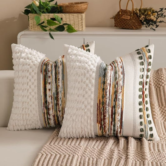 Boho Chenille Tufted Couch Throw Pillow Covers 18x18 Inch Set of 2 Farmhouse Striped Decorative Pillow Covers Accent Neutral Pillowcase Forest Cushion Cover for Living Room Sofa Bed
