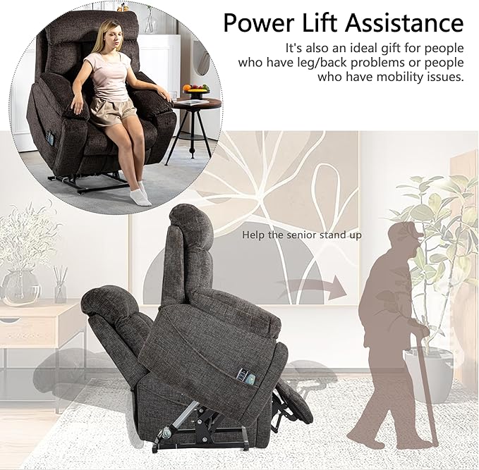 4 OKIN Motor Power Lift Recliner Chair for Elderly Adults Extra Large Lay Flat Recliners with Massage Heat, Adjustable Head-Back-Lumbar-Leg-Support, Extended Footrest, 2 Cup Holders
