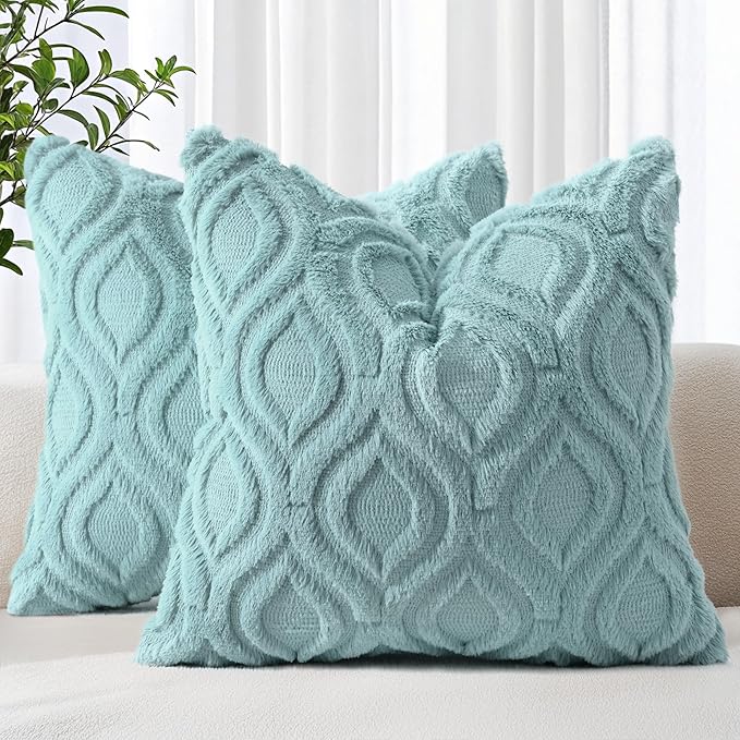 decorUhome Fall Throw Pillow Covers 26x26 Inch Set of 2, Soft Plush Decorative Faux Fur Aqua Solid Couch Pillow Covers, Accent Farmhouse Neutral Square Euro Pillow Cases for Sofa Bed Living Room