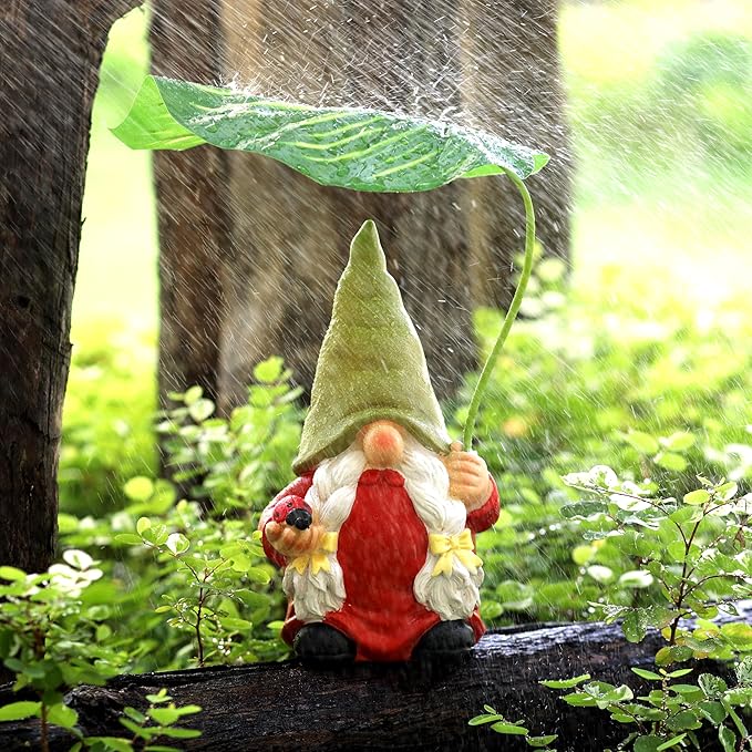 Garden Female Gnome Statue Decoration with Leaf Umbrella, 7.5” Figurine Ornament for Indoor Outdoor Home Patio Yard Lawn, for Gnome Lovers & Garden Enthusiasts，Mom，Women
