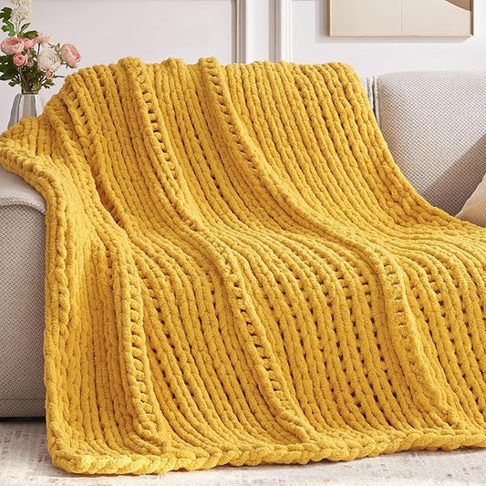Chunky Knit Throw Blanket, 60''*80'' Knitted Throw Chenille Yarn for Bed Couch, Handmade Yellow Crochet Big Thick Blanket, Machine Washable Cute Comfy Blanket for Home Decor