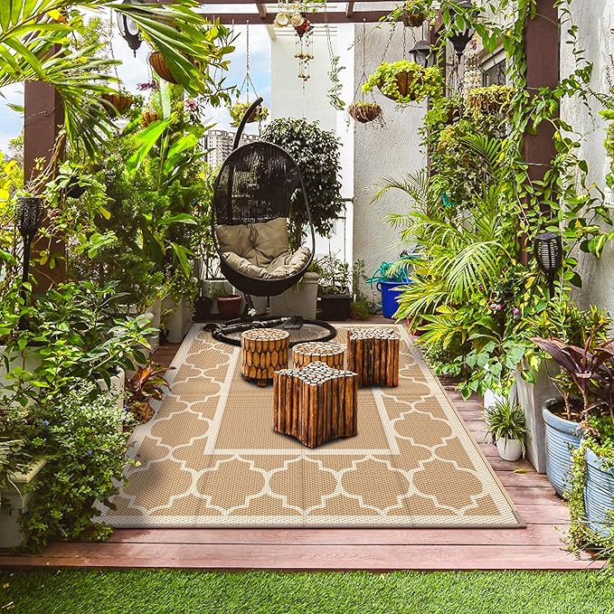 GENIMO 9' x 12' Outdoor Rug for Patio Clearance, Waterproof Indoor Outdoor Plastic Straw Rugs Carpet, Reversible Outside Area Rv Mat for Camping, Balcony Porch, Deck, Picnic, Beach (Brown & Beige)