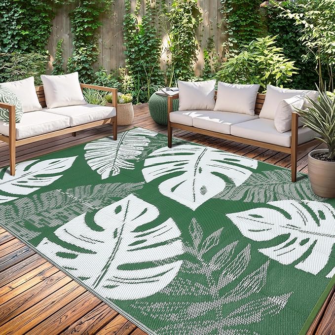 GAOMON Outdoor Rugs 9x18 Waterproof Patio Rug Outdoor Plastic Straw Rug Reversible Camping Mat, Portable RV Picnic Carpet with Bag & 4 Stakes, UV Resistant Outside Carpet for Deck Balcony, Green