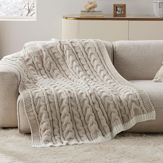 Bedsure Cable Knit Throw Blanket for Couch Bed - Breathable Chenille Chunky Knit Throw Blanket for Decorative Gift, GentleSoft Cozy and Warm for Winter and All Seasons, Beige, 50x60 Inches