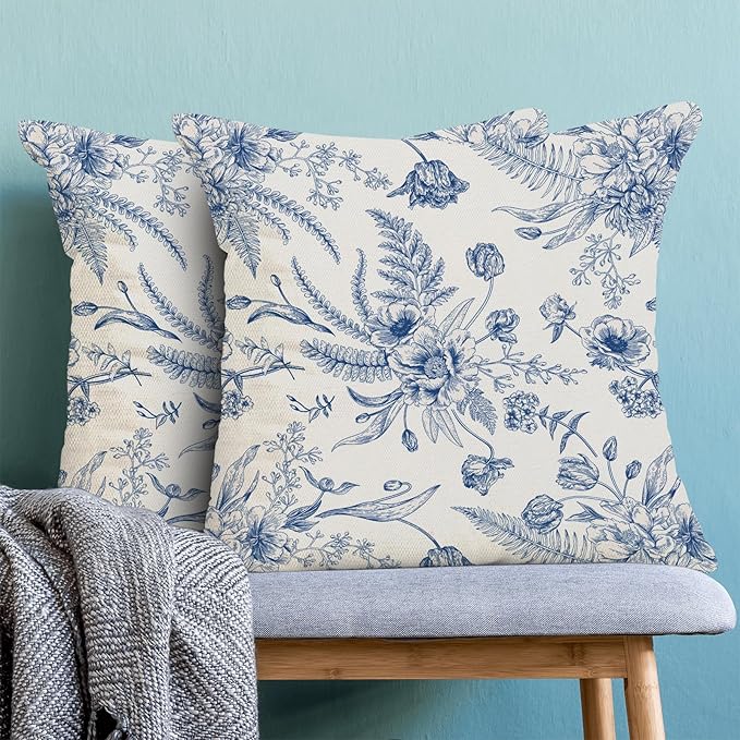 CXMEIFLY Spring Floral Leaves Pillow Covers 24 x 24 Inch Set of 2 for Chinoiserie Flowers Decor Throw Pillows Blue and White Seasonal Plant Outdoor Decorative Cushion Cases for Couch Bed Decorations