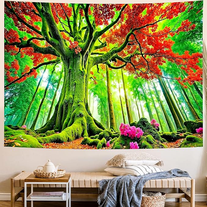 Delur Forest Tapestry Tree of Life Green Landscape Rainforest Wall Hanging Tapestry Colorful Mystical Nature Spiritual Psychedelic Headboard for Bedroom Living Room Home Decor (70.8" x 92.5")