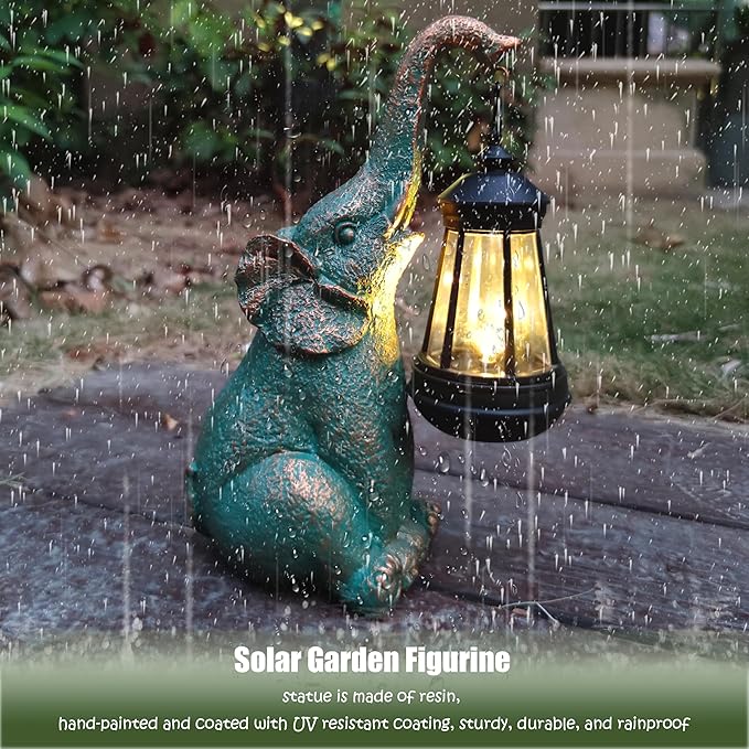 Elephant Garden Statue Outdoor Décor with Solar Lights Lantern,Elephant Solar Light Figurines Outside Decorations for Yard，Lawn Patio, Balcony, Unique Housewarming Gifts
