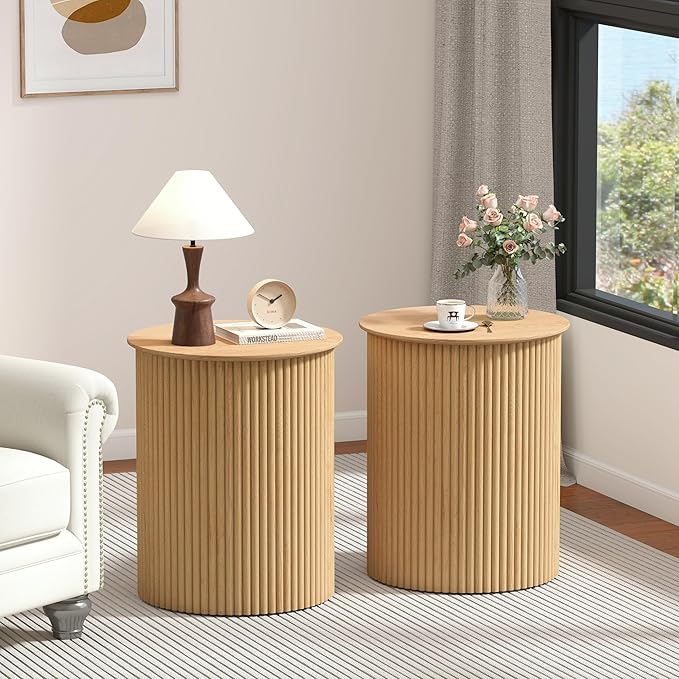 AVZEAR Fluted Round Side Table, Small End Table Modern Boho Nightstands, Circle Bedside Tables Bohemian Accent Table Wood Night Stand for Small Spaces, Living Room, Bedroom(Natural)