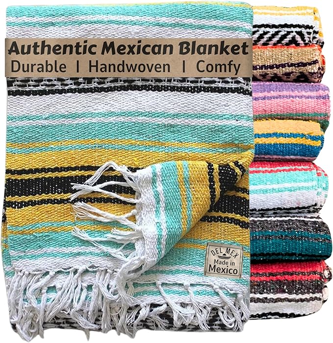 Del Mex Classic Mexican Blanket, Large Authentic Woven Falsa Throw (70"x50"), Artisan Southwest Décor for Beach, Yoga, Outdoors (Mint/Yellow)