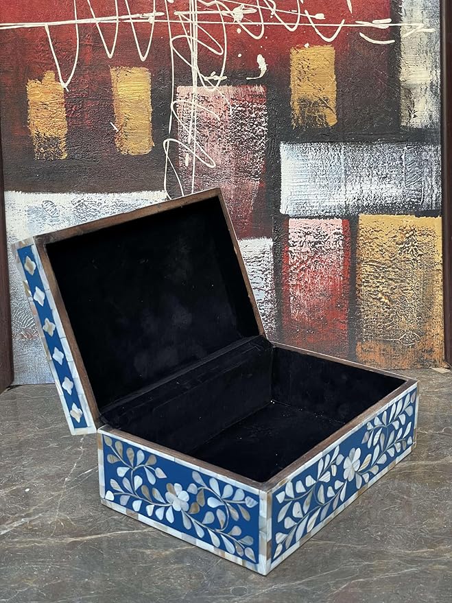 Decorative Storage Box Of Mother Of Pearl Inlay Floral Design Wooden Storage Box For Home Decoration For Living Dining & Bedroom (Navy Blue_12x8x5 inch)