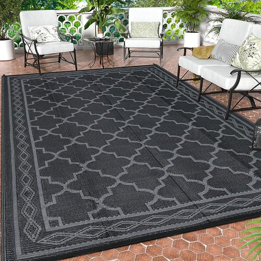 GAOMON Outdoor Plastic Straw Rug, 10'x14' Reversible Sage Green Patio Mat, Flower Modern Design for RV, Backyard, Deck, Camping, Picnic, Black/Grey(Geometric)