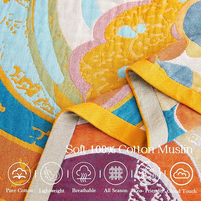 Boho Throw Blanket, Lightweight Blankets for Summer, 100% Cotton Bohemian Decorative Throw Blanket, 50"x60" Reversible Muslin Breathable Woven Farmhouse Blankets Quilt,