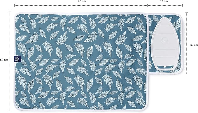 Encasa XO Ironing Mat/Pad (Small 28"x20") with 3mm Padding & Silicone Iron Rest for Steam Pressing on Tabletop or Bed - Heat Resistant, Portable, Quilting & Travel Blanket - Big Leaves Blue