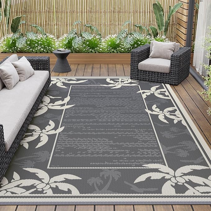 COCOER Outdoor-Rug 9x12 ft Waterproof Outdoor Plastic Straw Rug Reversible RV Indoor Outdoor Carpet Quick Dry Patio Rug Camping Mat for Balcony Backyard Picnic Beach-Grey&Beige