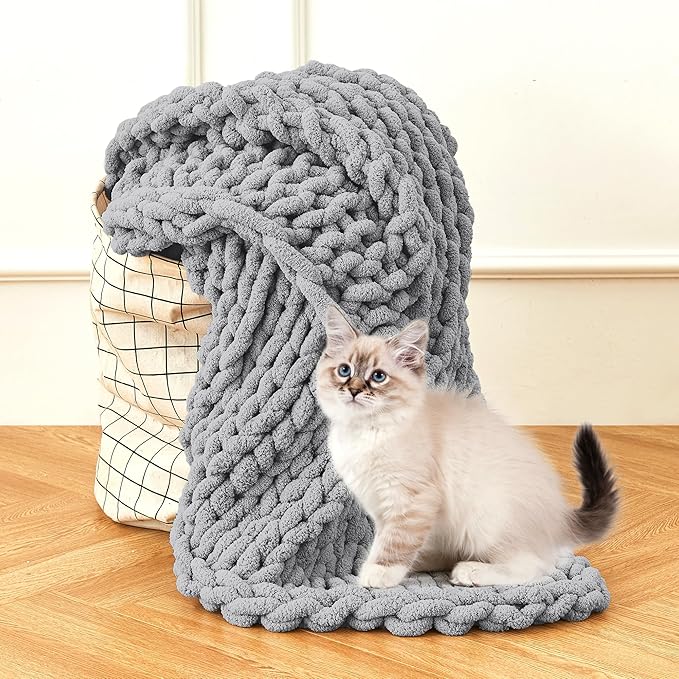 Admitrack Chunky Knit Blanket Throw, 100% Hand Knit Chenille Throw Blanket for Sofa & Home Decor, Soft and Cozy Knitted Throw Blankets (Dark Gray，51""x63""), XNR08