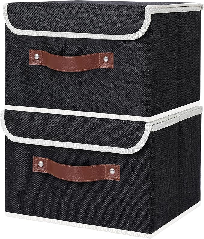 ANMINY 4PCS Storage Bins with Lid PU Leather Handles Storage Boxes PP Plastic Board Decorative Foldable Lidded Cotton Linen Fabric Home Cubes Baskets Closet Organizer Containers - Black, Small Size