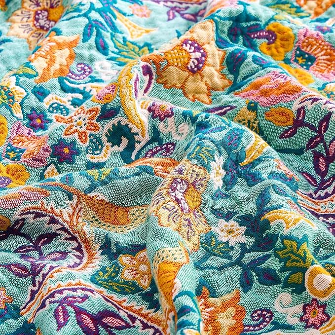 Boho Blanket Throw Quilt, 100% Cotton Soft Light Weight Throw Blankets for Summer, 80"x90" Farmhouse Flower Decorative Blankets, All Season Rustic Reversible Bohemian Throw Quilt