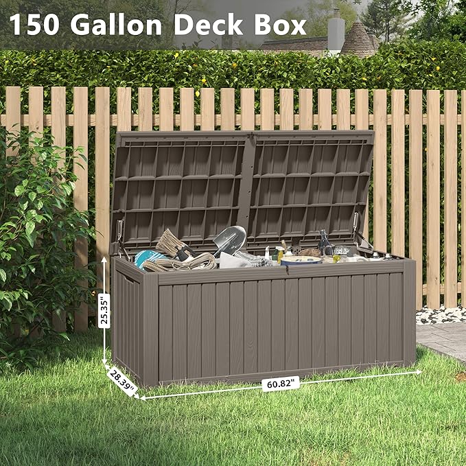 150 Gallon Resin Deck Box, Large Indoor and Outdoor Storage Box, Weatherproof and UV Resistant Outdoor Storage Box with Built-in Steel Beams for Patio, Cushions, Pool Supplies