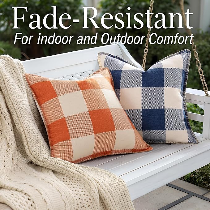 decorUhome Buffalo Plaid Check Throw Pillow Covers 20x20 Set of 2, Outdoor Decorative Farmhouse Neutral Pillow Covers with Stitched Edge for Bed Couch Sofa, Navy Blue and White