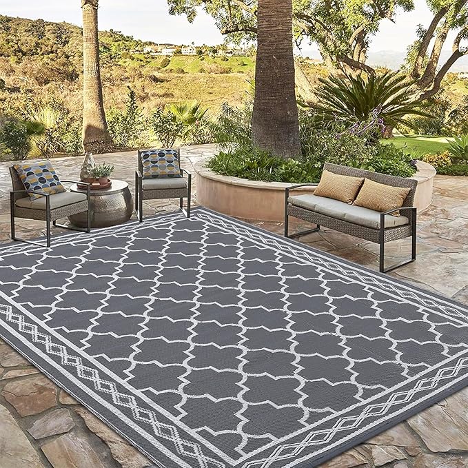 GAOMON Outdoor Rug Waterproof 8'x10', Reversible Outdoor Plastic Straw Rug, Boho Patio Rug, Indoor Outdoor Carpet, RV Mat Outside for Patio, Camp, Picnic, Balcony, Deck, Grey/White(Geometric)