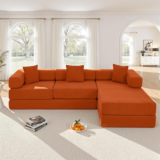 108" Oversized Convertible Sleeper Sofa Bed, Corduroy L Shape Sectional Couch, Folding Sofa Bed with Side Pocket, Modern Cloud Floor Mattress Couch, Modular Sofa for Living Room, Orange