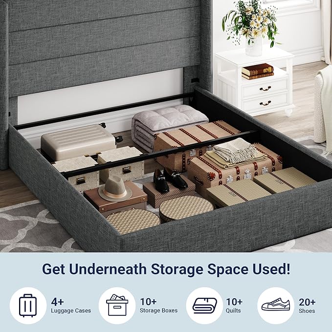 Allewie Queen Size Lift Up Storage Bed, Modern Wingback Headboard, Hydraulic Support, No Box Spring Needed, Dark Grey