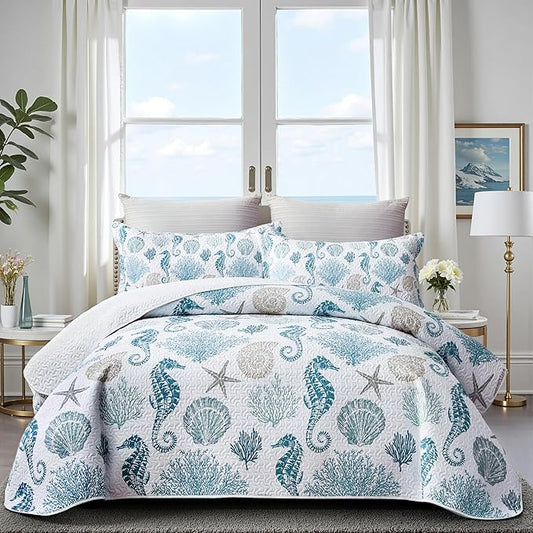 Coastal Bedding California King Size Coastal Quilt with 2 Shams, Nautical Beach Comforter Sets Ocean Bedspreads Blue Seahorse Coverlet Summer Bedding, 106''x118''