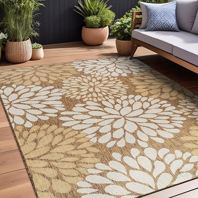 Beverly Rug Outdoor Rug 5x7 Modern Exotic Tropical Leaf Area Rugs for Indoor and Outdoor Patio Deck Porch Garden Water Resistant Washable Outside Carpet (5 x 7 Wooden)