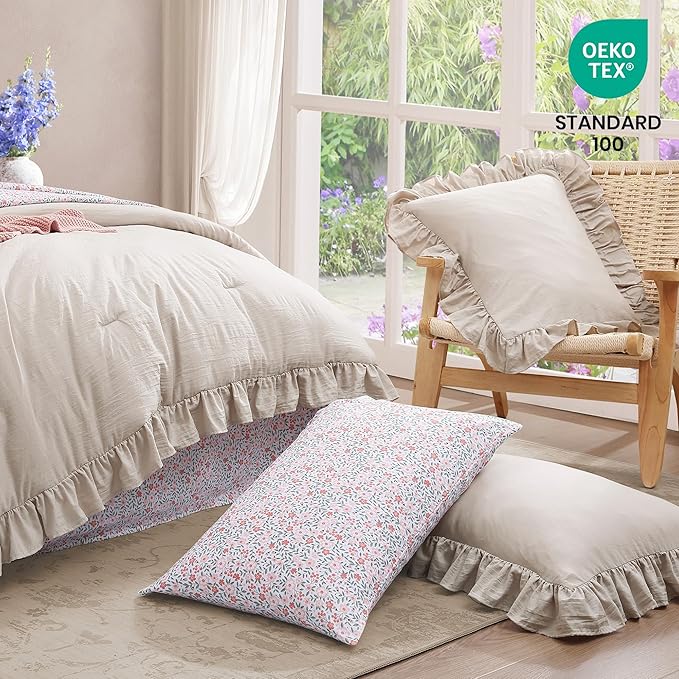 Full Comforter Set - 7 Pieces Ruffle Beige Bedding Sets, Shabby Chic Farmhouse Bed in a Bag Full with Ruffle Comforter, Floral Sheets, Pillowcases & Shams