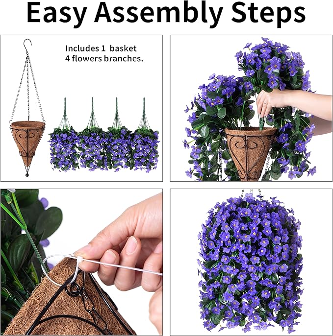 Artificial Fake Outdoor Hanging Flowers Plants Basket for Outside Porch Decoration, Fake Silk UV Resistant Look Real Purple Orchid Traing Vines for Home Balcony Yard Patio Garden Decor