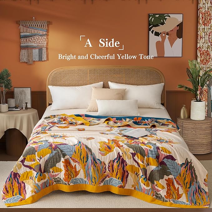 Boho Throw Blanket Full Size, Extra Large Soft Cozy Cotton Muslin Quilt Blanket for Bed Decor, Floral Patterned Couch Sofa Chair Cover, Vintage Farmhouse Cottage Woven Blanket, Yellow&Blue