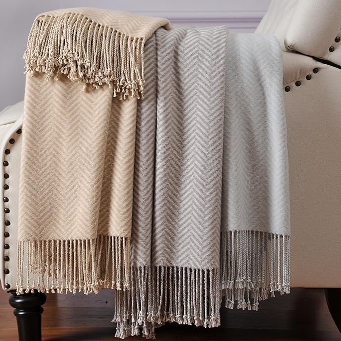 CUDDLE DREAMS Silk Throw Blanket with Hand-Knotted Fringe, Natural, Soft & Breathable (Herringbone-Taupe)