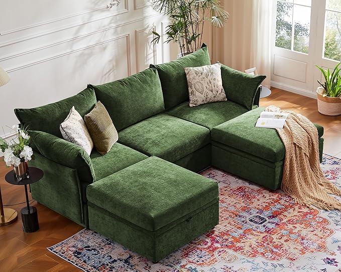 102.6" Modular Sectional Sofa, Oversized 3-Seater Green Couch with Removable Chenille Fabric Cover, Deep Seat & High Backrest for Living Room, Office & Apartment