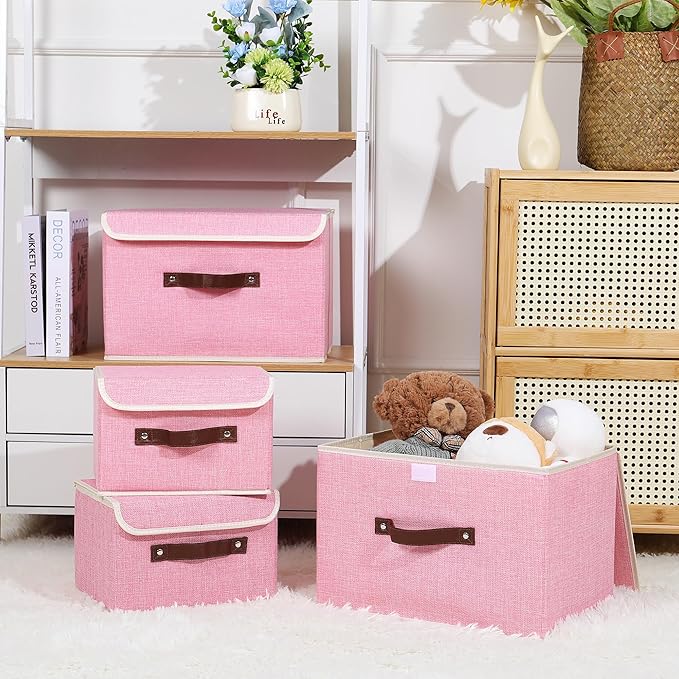 ANMINY 4PCS Storage Bins with Lid PU Leather Handles Storage Boxes PP Plastic Board Decorative Foldable Lidded Cotton Linen Fabric Home Cubes Baskets Closet Organizer Containers - Pink, Small Size