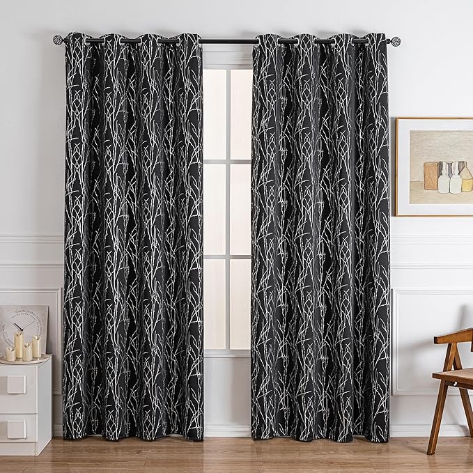 Grommets Blackout Long Window Curtains Black Silver-52W*108L 2PCS Drapes for Bedroom